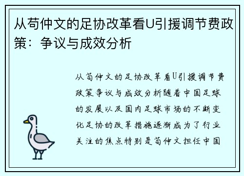 从苟仲文的足协改革看U引援调节费政策：争议与成效分析